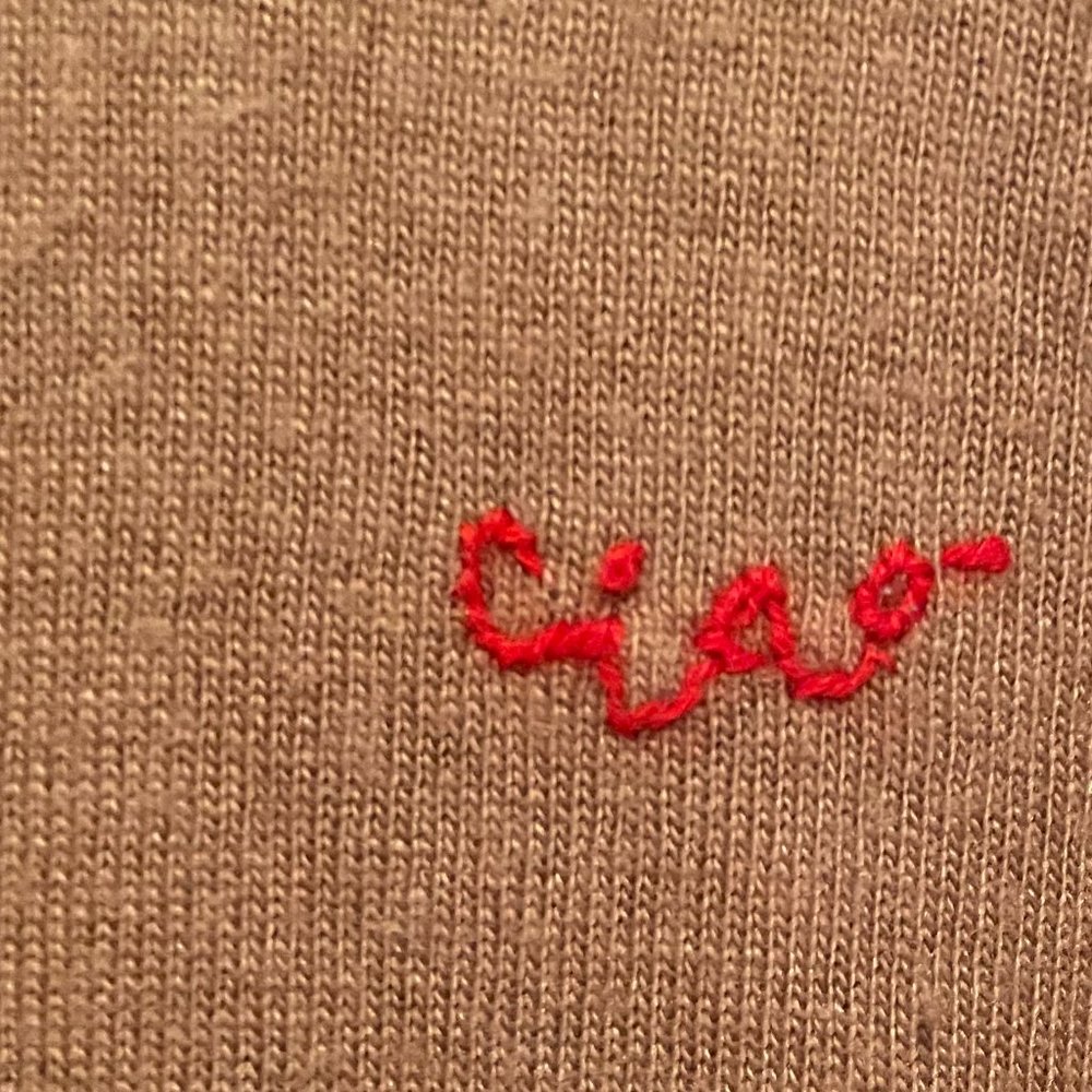 Tan Wool Sweater, Red Embroidery, Size Small
